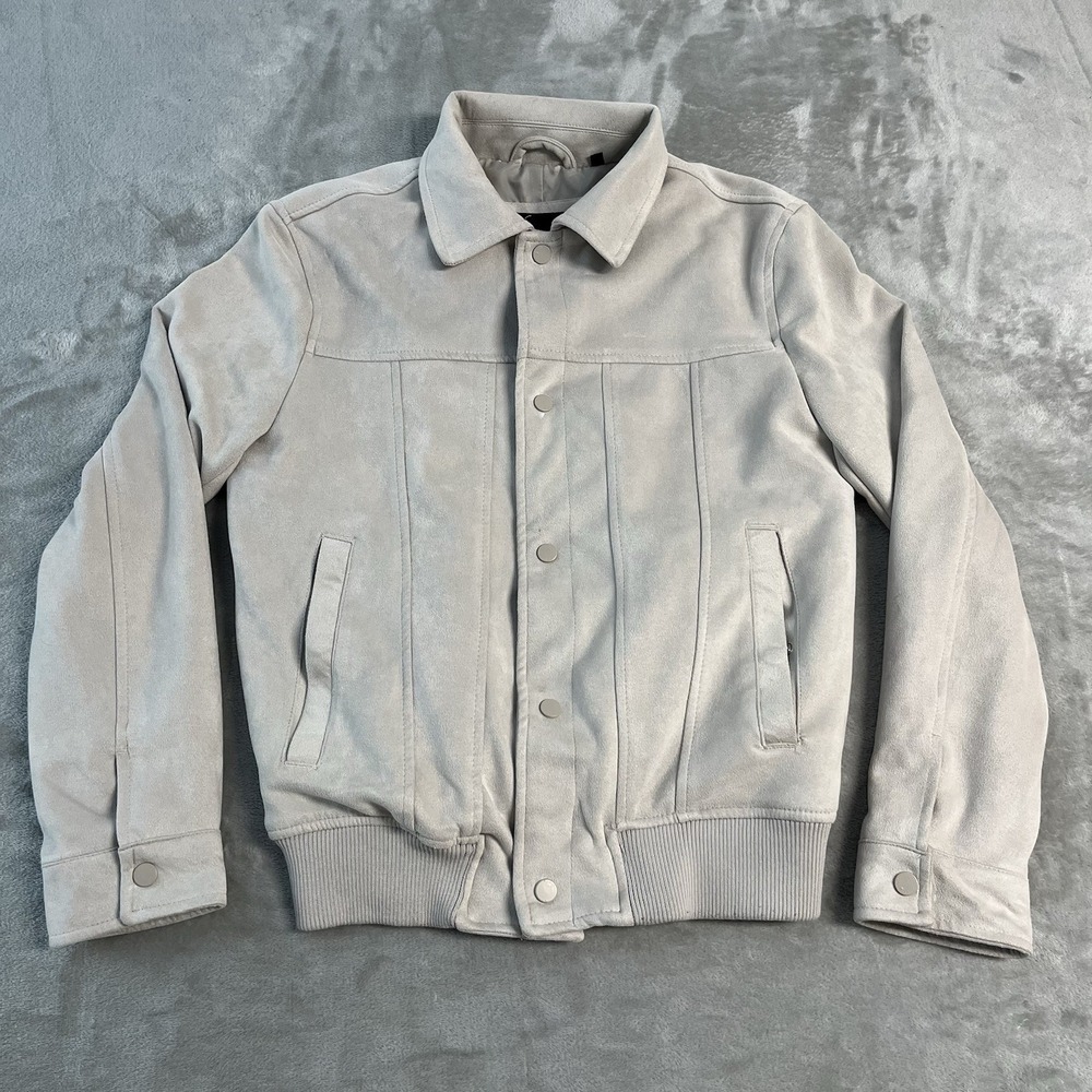 Porter & Ash Womens Small Faux Suede Bomber Jacket Beige Taupe Snap Front Lined